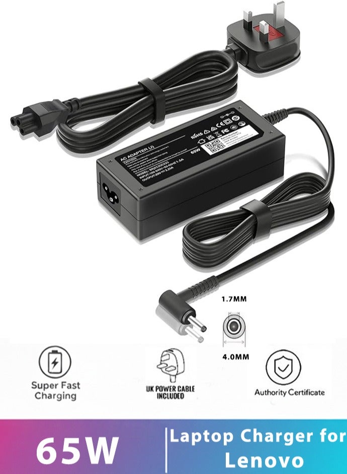 Neox Lenovo Charger 65W Laptop Charger for Lenovo, 20V-3.25A Lenovo Laptop Charger Replacement AC Adapter Ideapad, 3 5 320 310 320S 330 330S 110 110S 120S, Ideapad Flex 4 5 6 ADl45WCD 330S-15Ikb Yoga 520 530 Power Supply Cord-（4.0x1.7mm）Port - Image 1